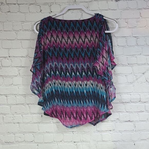 Roz & Ali Petite XS Purple Teal Aztec Flowy Short Sleeve Scarf Drape Tank Blouse - Picture 3 of 5